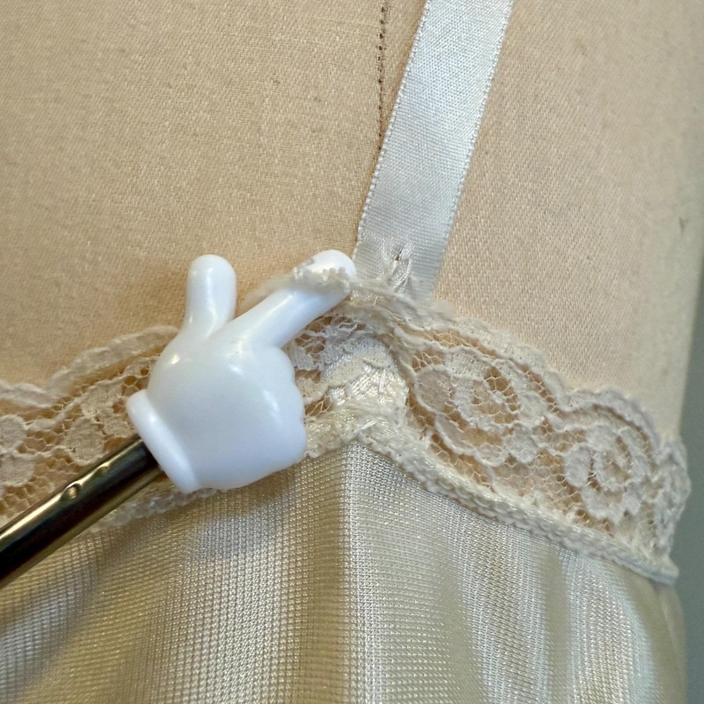 Ivory Satin Slip Nightgown Lace Trim V-Neck Adjustable Straps Lace Hem Coquette - Picture 7 of 14